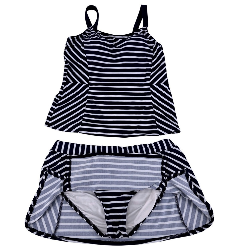 Lands End Womens Navy White Striped Tankini Top 10P & Swim Skirt 12 Set - Picture 2 of 7
